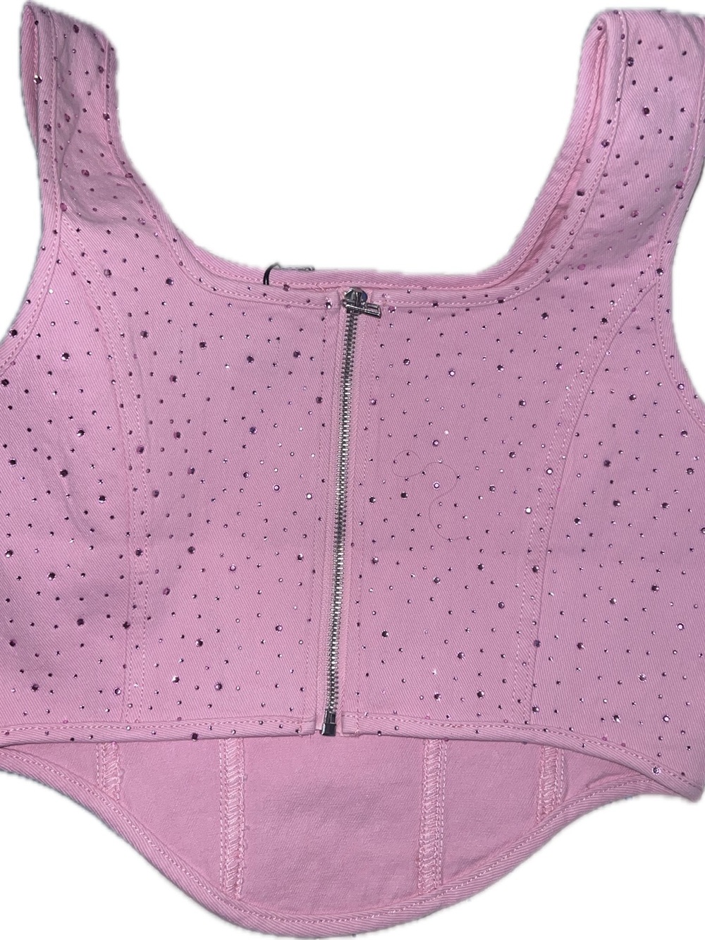 Pink Jean Rhinestone Bustier Crop Top zip back women’s Large - Picture 3 of 8